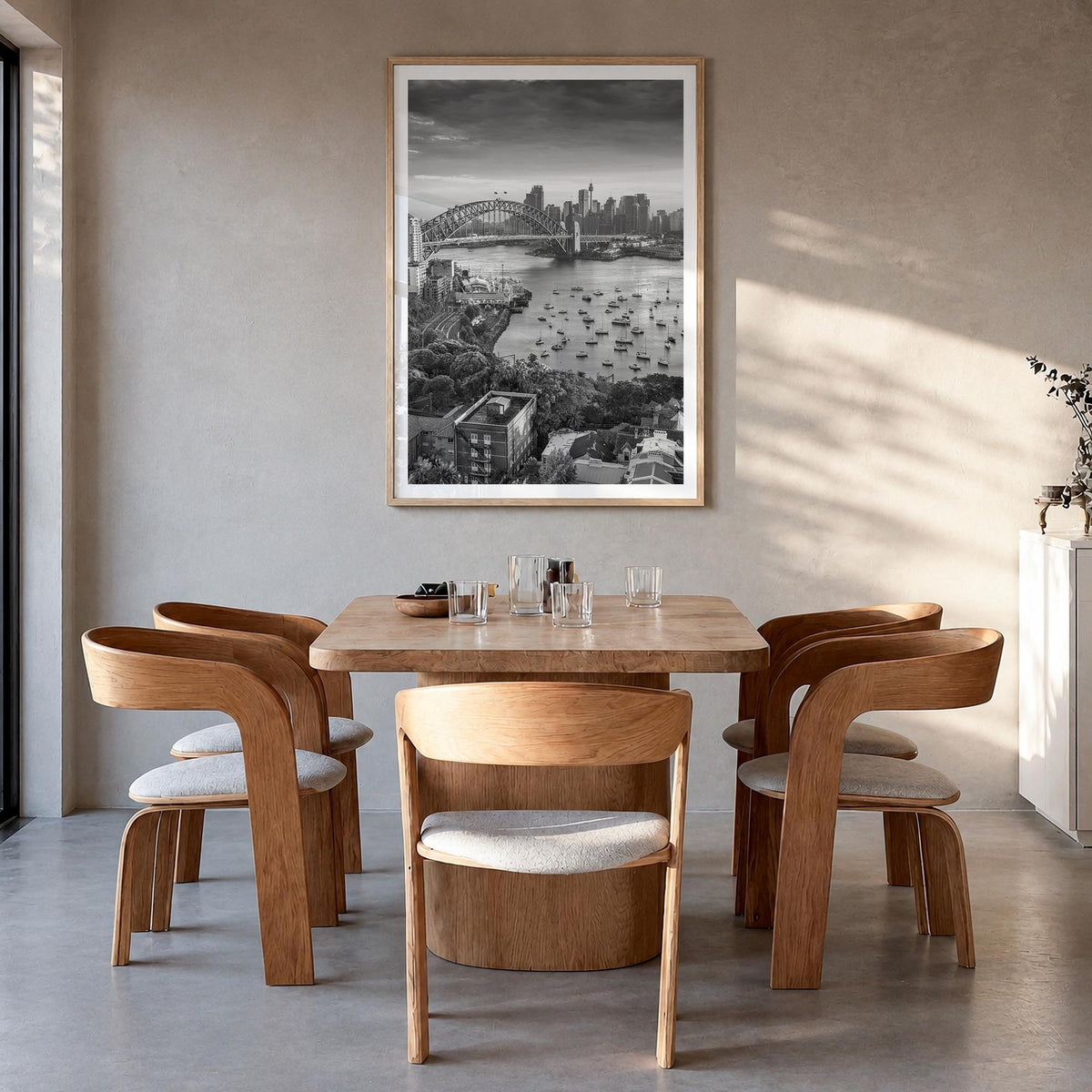Sydney no. 2 black & white photo poster of New South Wales, Australia – vertical wall art in natural wood frame with white bo