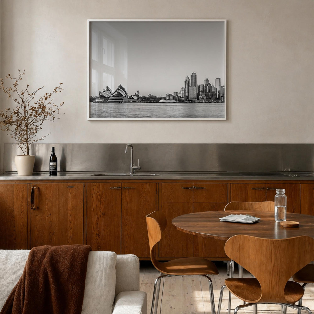 Sydney no. 2 black & white photo poster of New South Wales, Australia – horizontal wall art in white wood frame, hanging on w