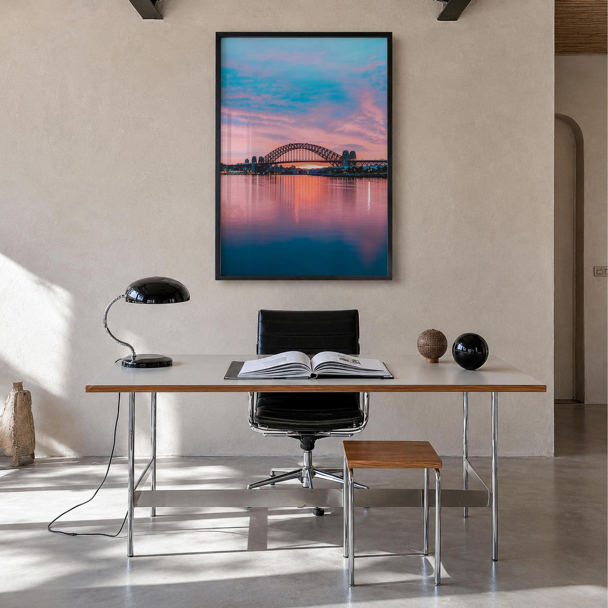 Sydney no. 2 colorful photo poster of New South Wales, Australia – vertical wall art in black wood frame, hanging on wall