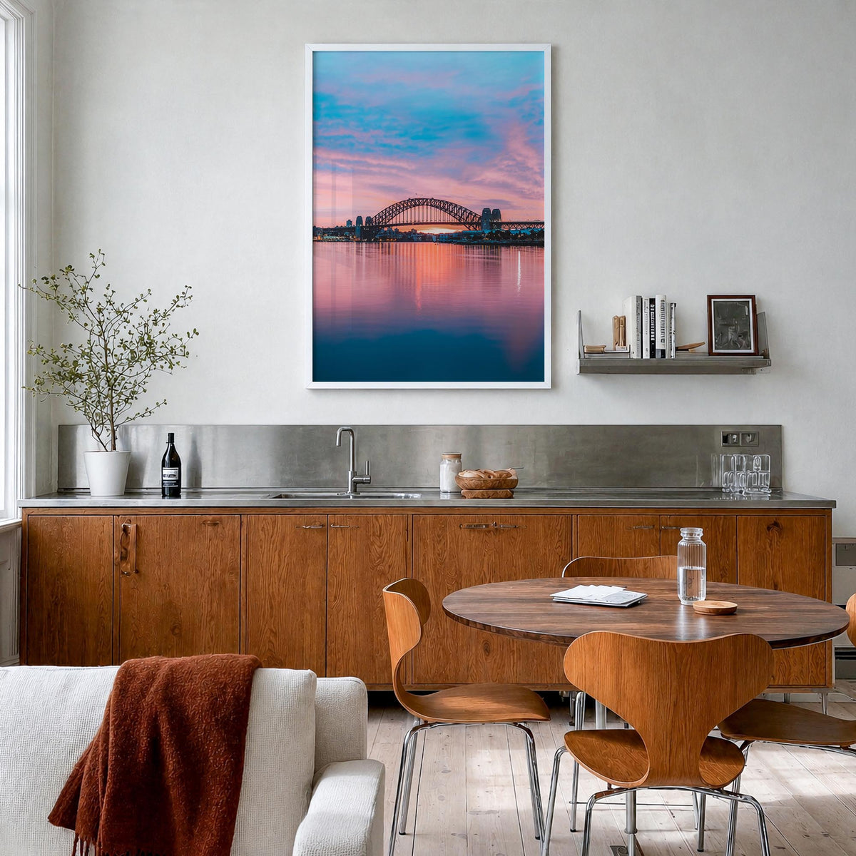 Sydney no. 2 colorful photo poster of New South Wales, Australia – vertical wall art in white wood frame, hanging on wall