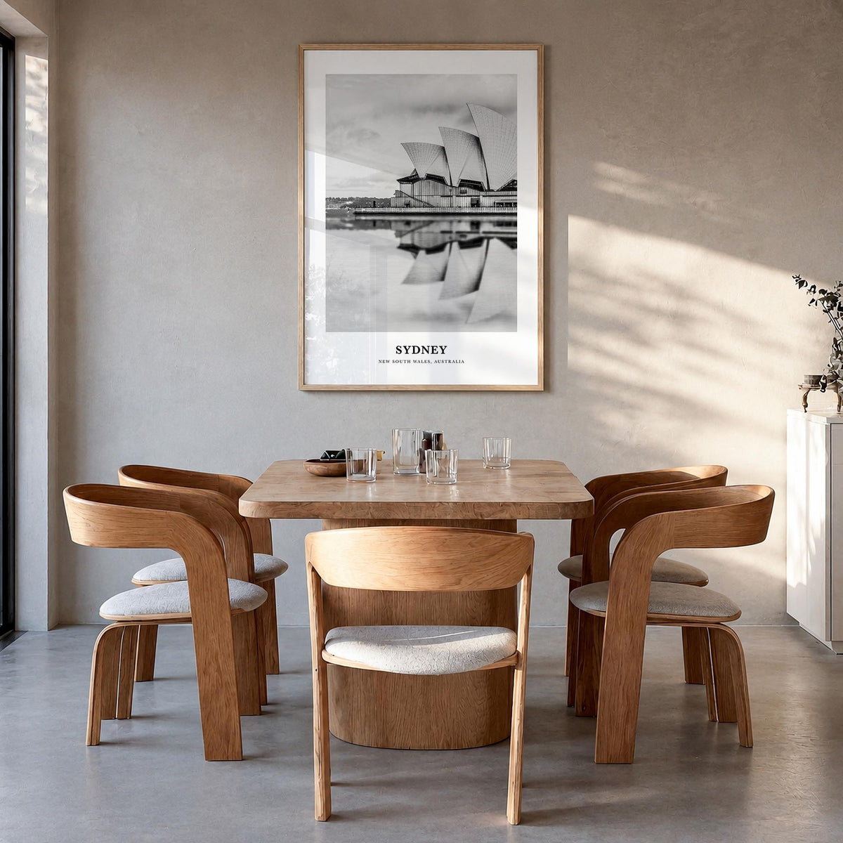 Sydney no. 3 black & white classic poster of New South Wales, Australia – vertical wall art in natural wood frame, hanging on