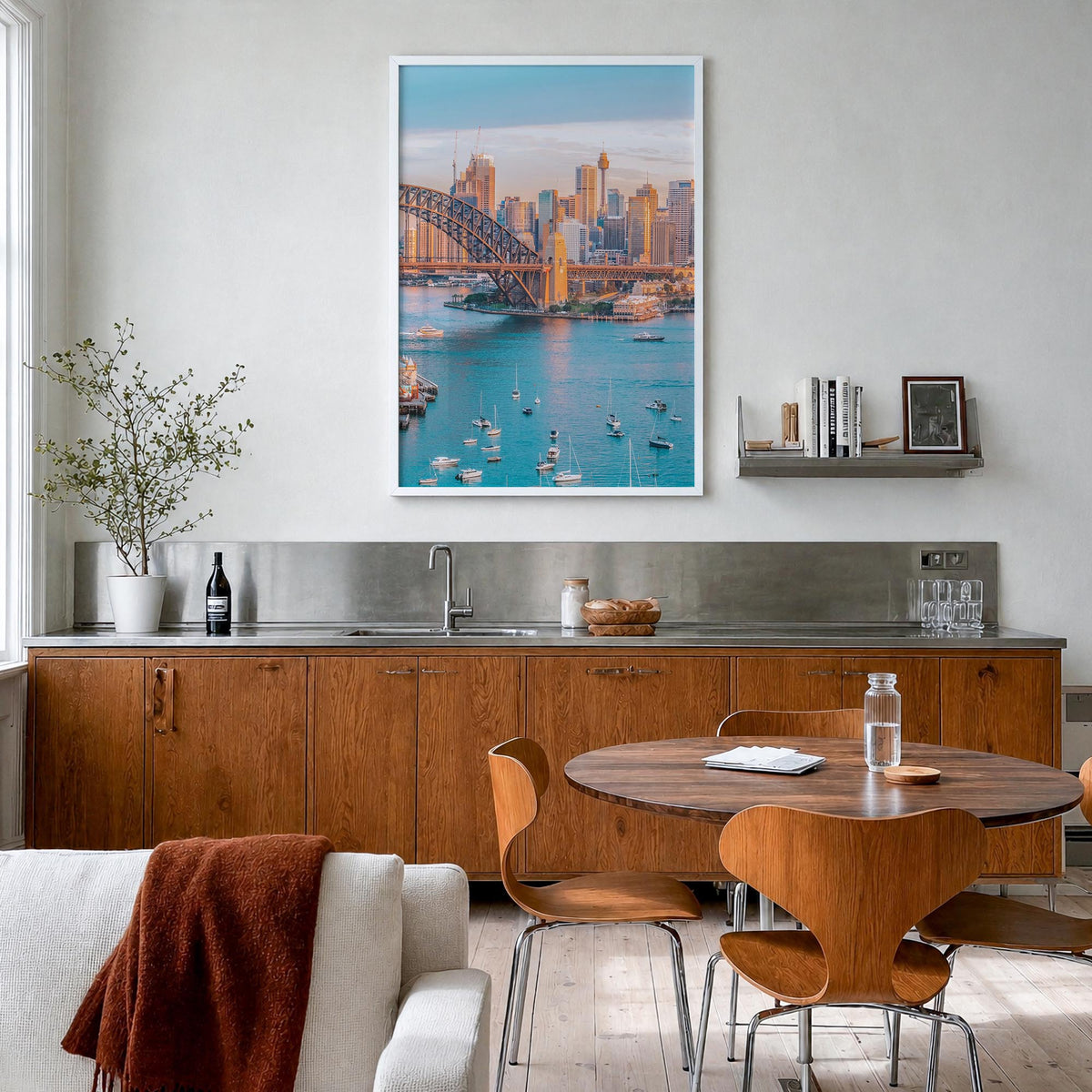 Sydney no. 3 colorful photo poster of New South Wales, Australia – vertical wall art in white wood frame, hanging on wall