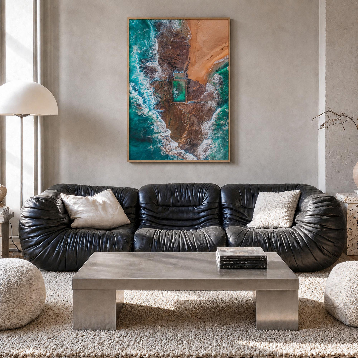 Sydney Northern Beaches colorful photo poster of Australia – vertical wall art in natural wood frame, hanging on wall