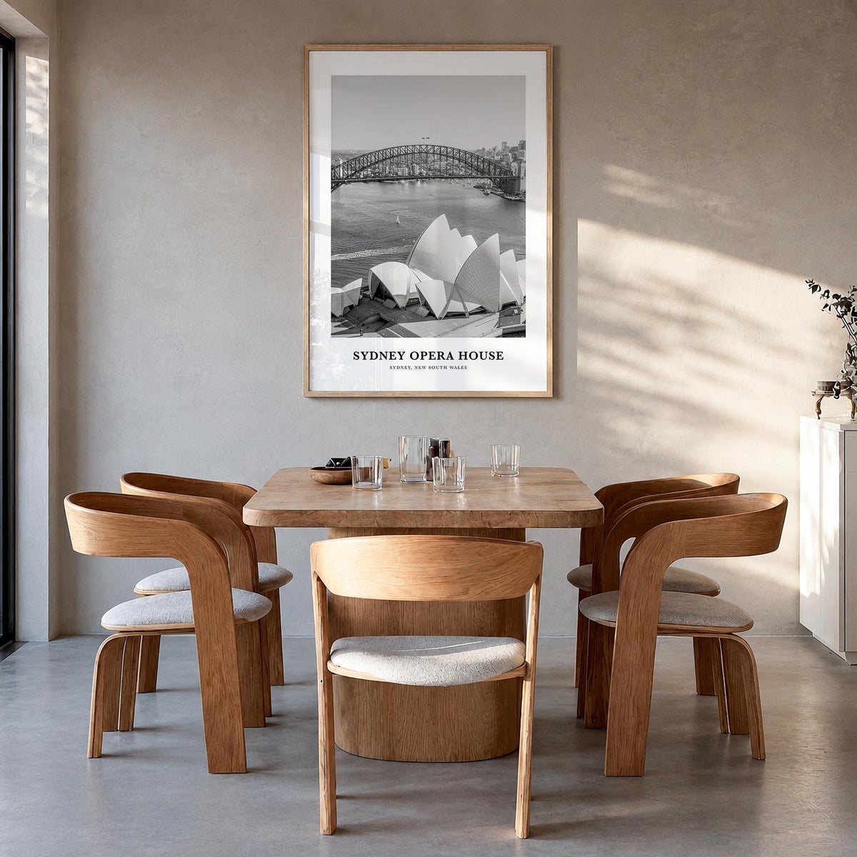 Sydney Opera House black & white classic poster of Sydney, New South Wales – vertical wall art in natural wood frame, hanging