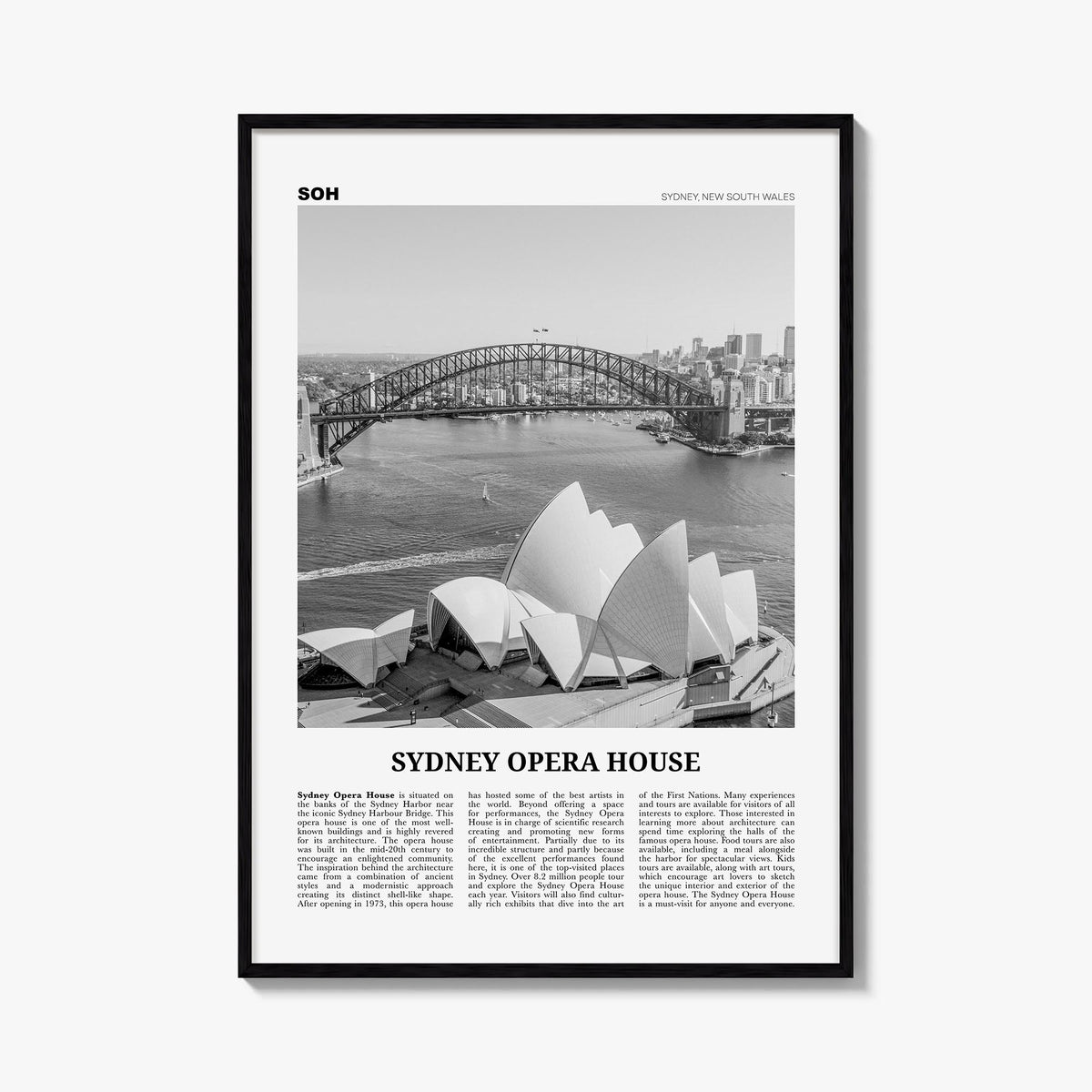 Sydney Opera House black & white newspaper poster of Sydney, New South Wales – vertical wall art, unframed print shown in int