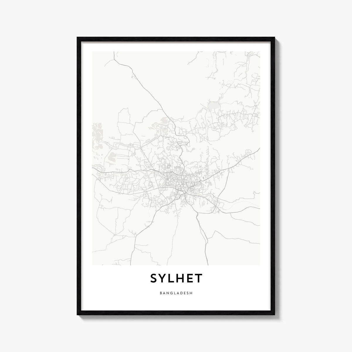 Sylhet black & white map poster of Bangladesh – vertical wall art, unframed print shown in interior mockup