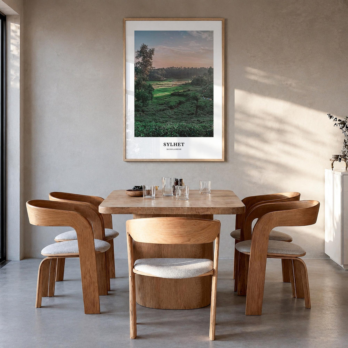 Sylhet colorful classic poster of Bangladesh – vertical wall art in natural wood frame, hanging on wall