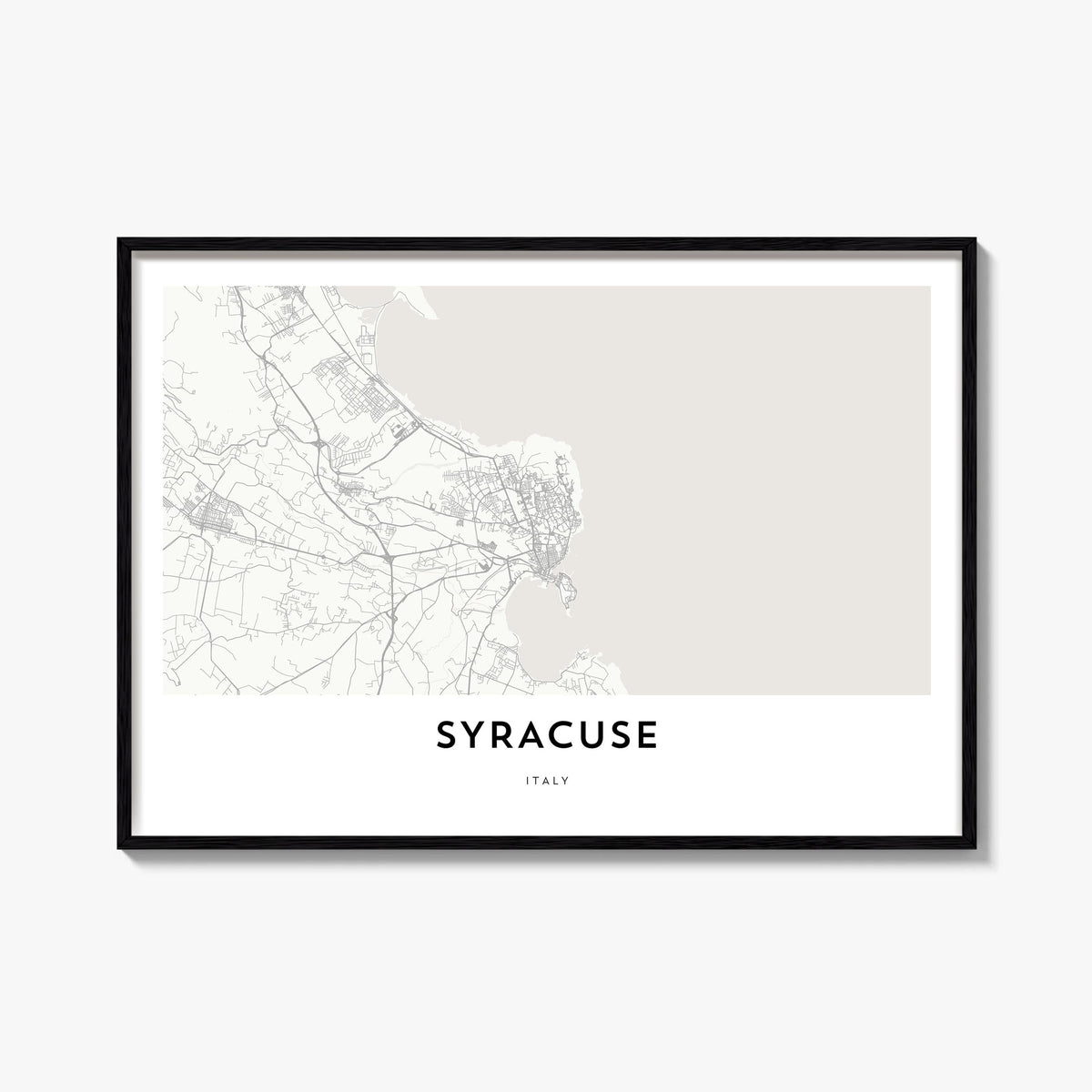 Syracuse, Italy black & white map poster of Italy – horizontal wall art, unframed print shown in interior mockup