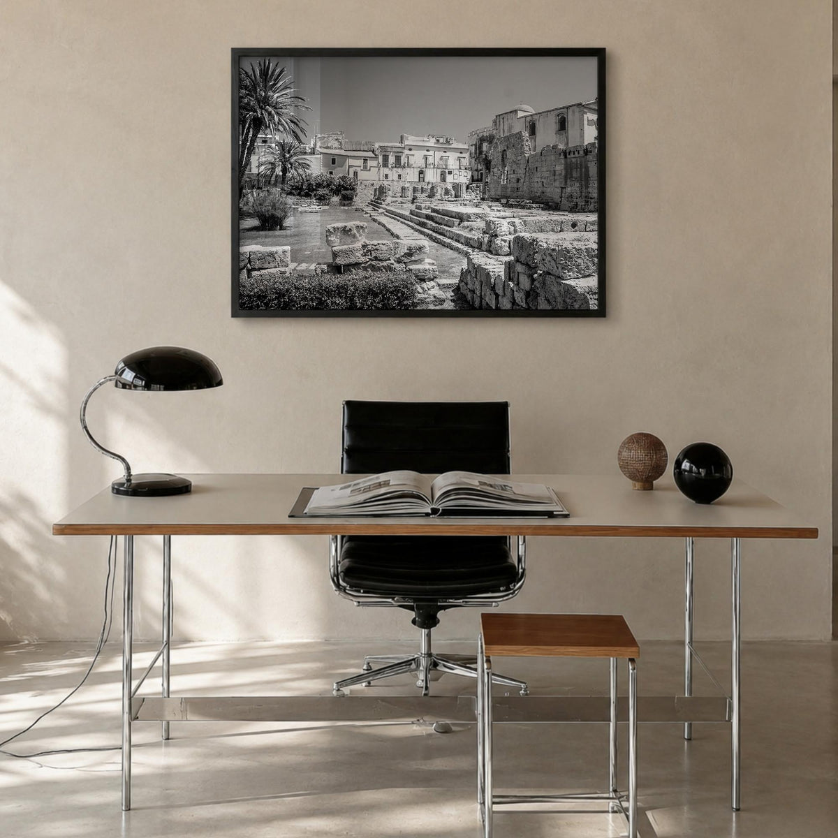 Syracuse, Italy black & white photo poster of Italy – horizontal wall art in black wood frame, hanging on wall