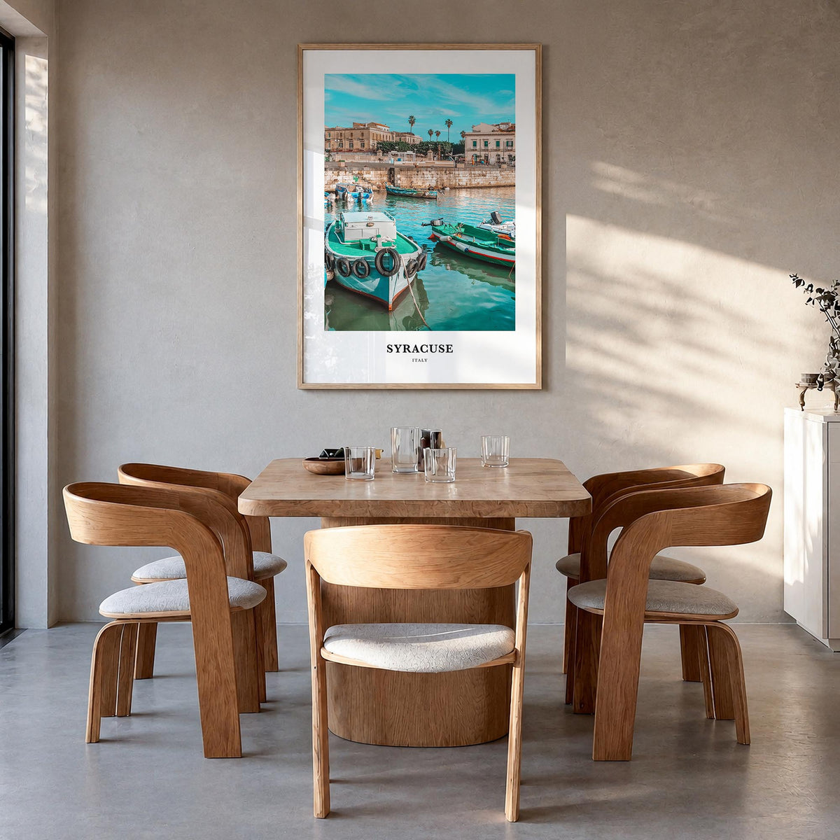 Syracuse, Italy colorful classic poster of Italy – vertical wall art in natural wood frame, hanging on wall