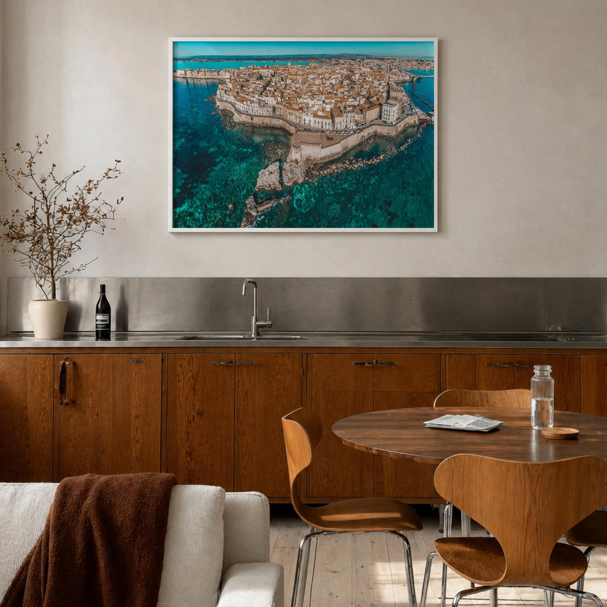 Syracuse, Italy colorful photo poster of Italy – horizontal wall art in white wood frame, hanging on wall