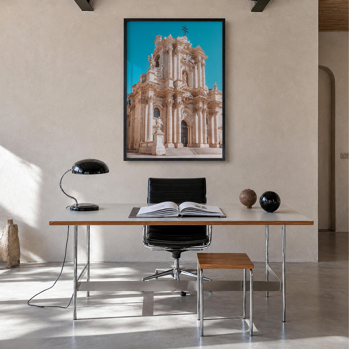 Syracuse, Italy no. 2 colorful photo poster of Italy – vertical wall art in black wood frame, hanging on wall