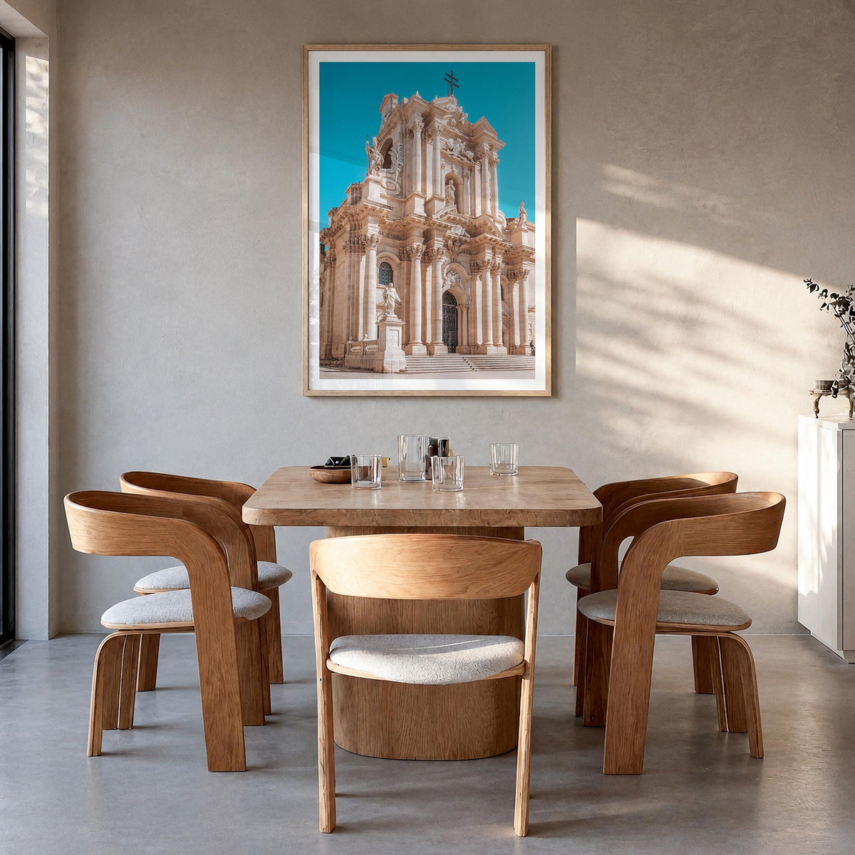 Syracuse, Italy no. 2 colorful photo poster of Italy – vertical wall art in natural wood frame with white border, hanging on