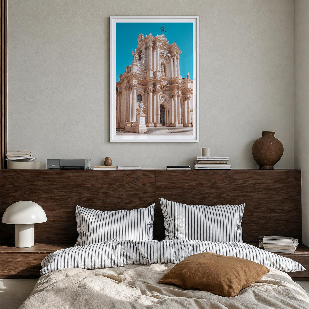 Syracuse, Italy no. 2 colorful photo poster of Italy – vertical wall art in white wood frame with white border, hanging on wa
