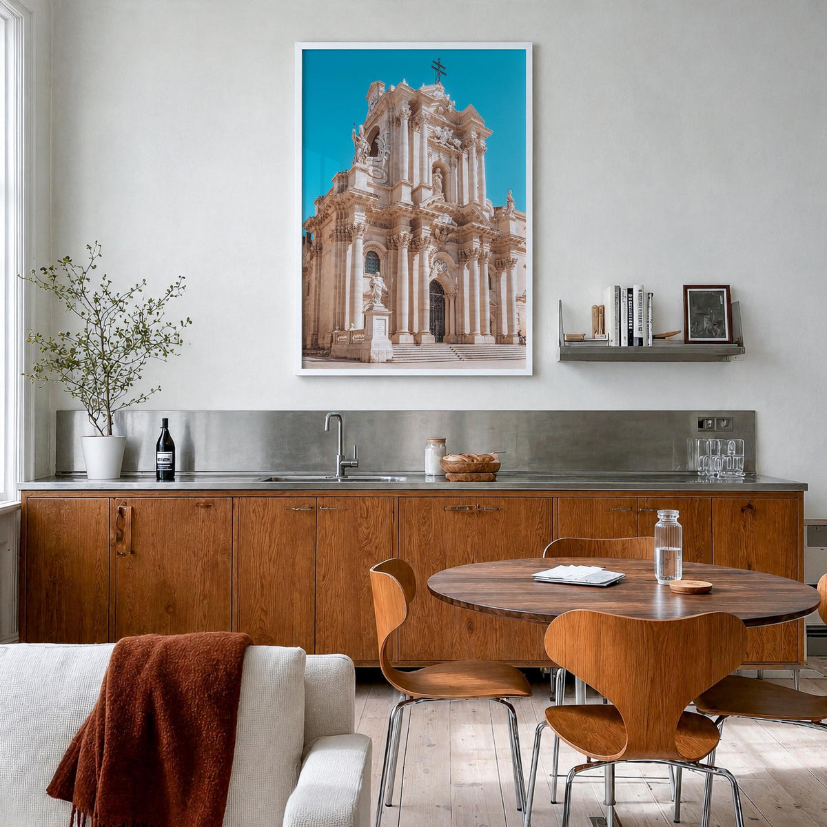Syracuse, Italy no. 2 colorful photo poster of Italy – vertical wall art in white wood frame, hanging on wall