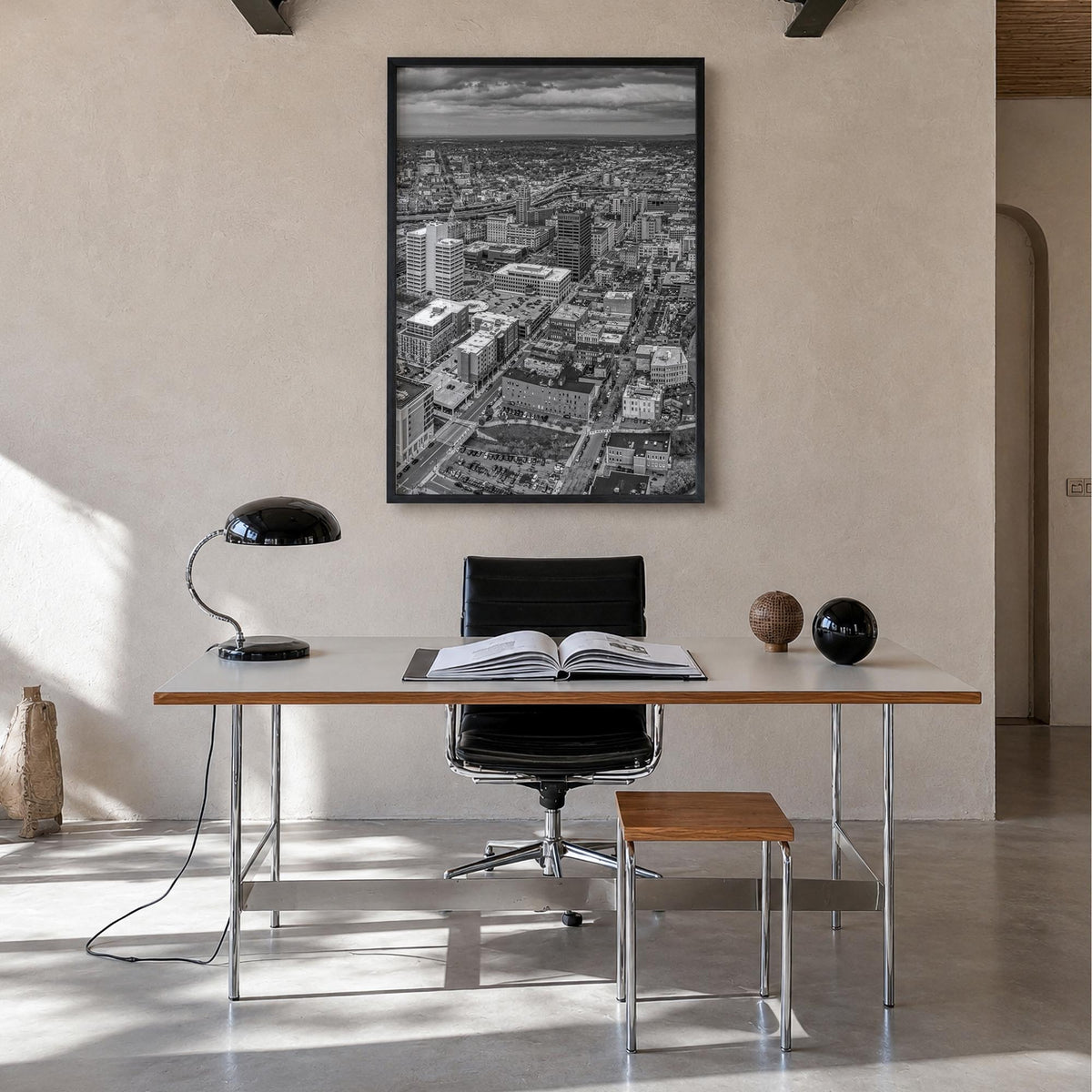 Syracuse, New York black & white photo poster of New York, USA – vertical wall art in black wood frame, hanging on wall