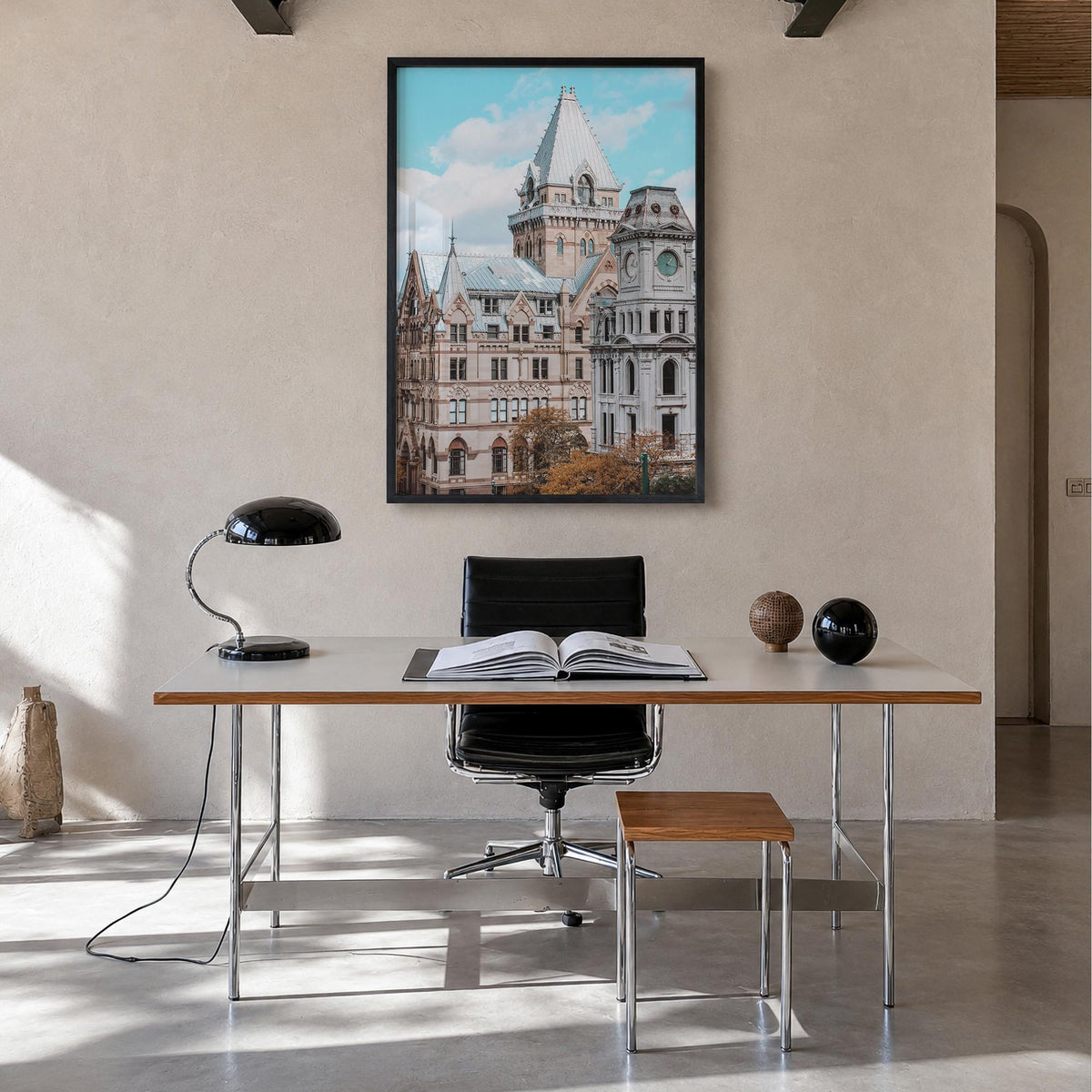 Syracuse, New York colorful photo poster of New York, USA – vertical wall art in black wood frame, hanging on wall