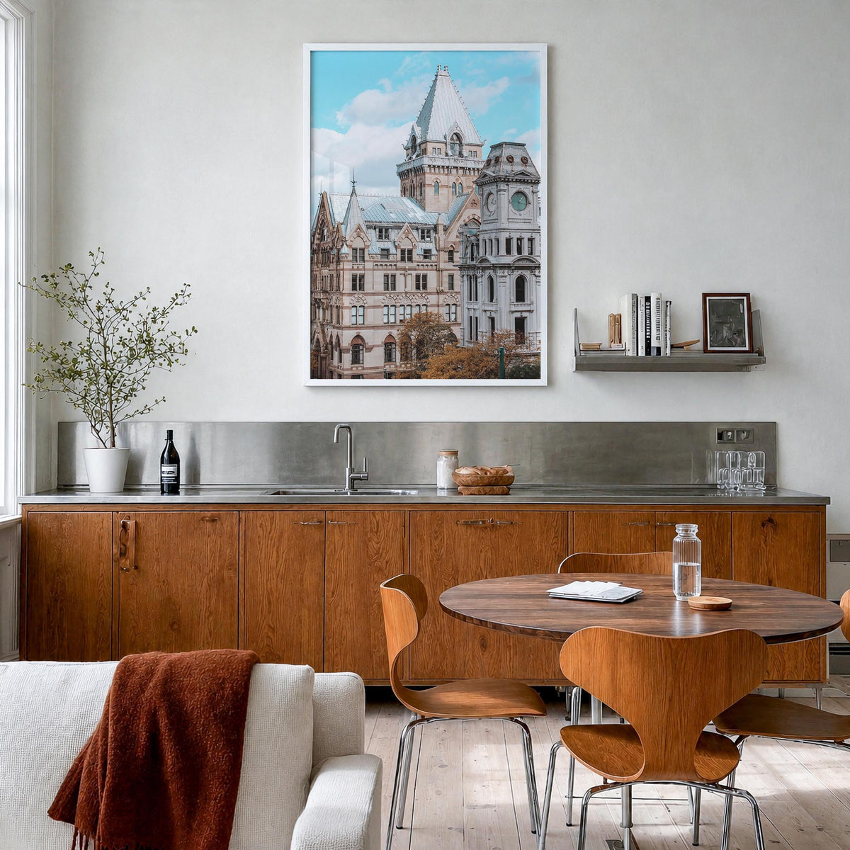 Syracuse, New York colorful photo poster of New York, USA – vertical wall art in white wood frame, hanging on wall