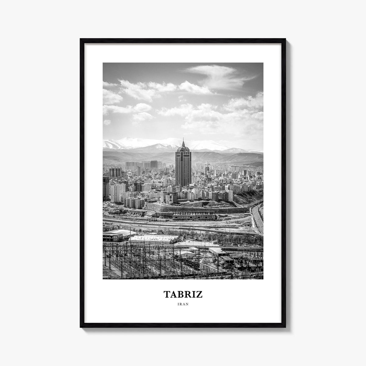Tabriz black & white classic poster of Iran – vertical wall art, unframed print shown in interior mockup