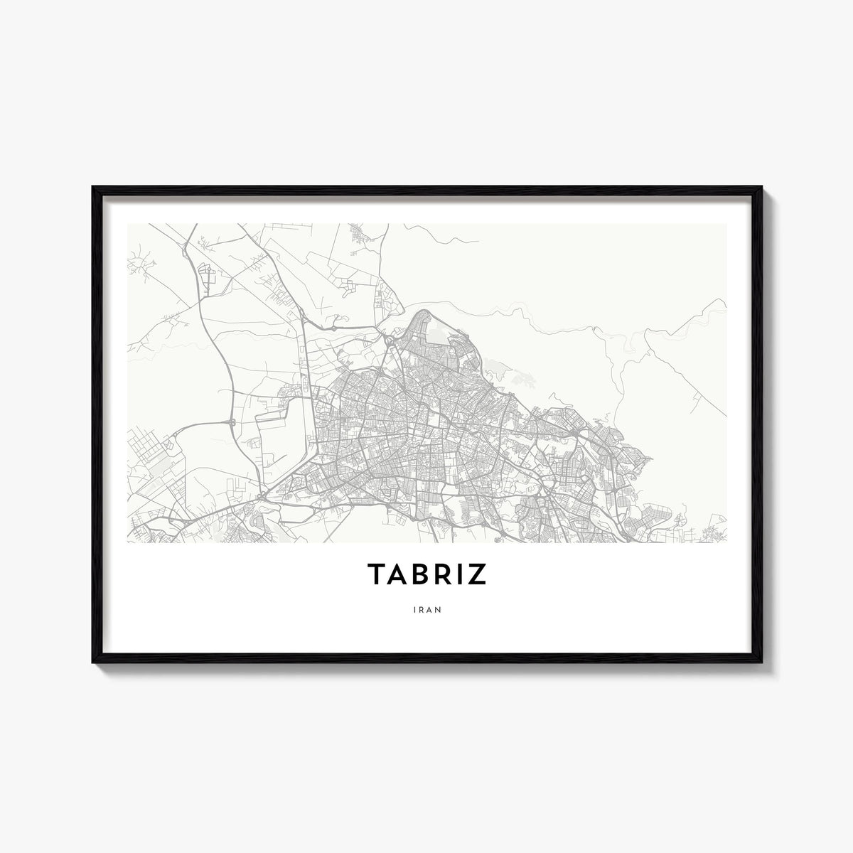 Tabriz black & white map poster of Iran – horizontal wall art, unframed print shown in interior mockup