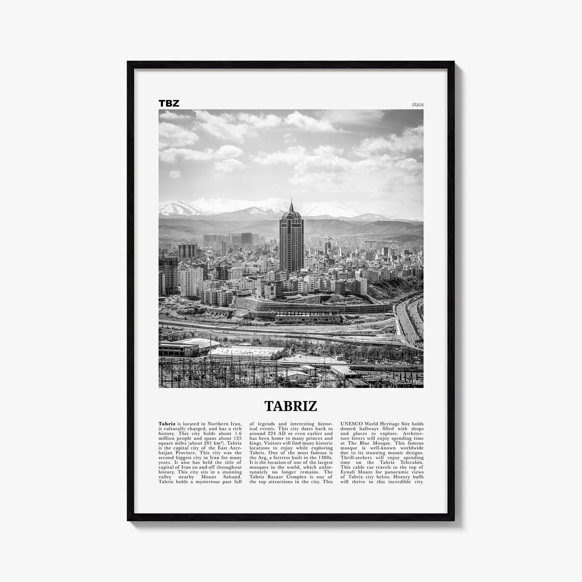 Tabriz black & white newspaper poster of Iran – vertical wall art, unframed print shown in interior mockup