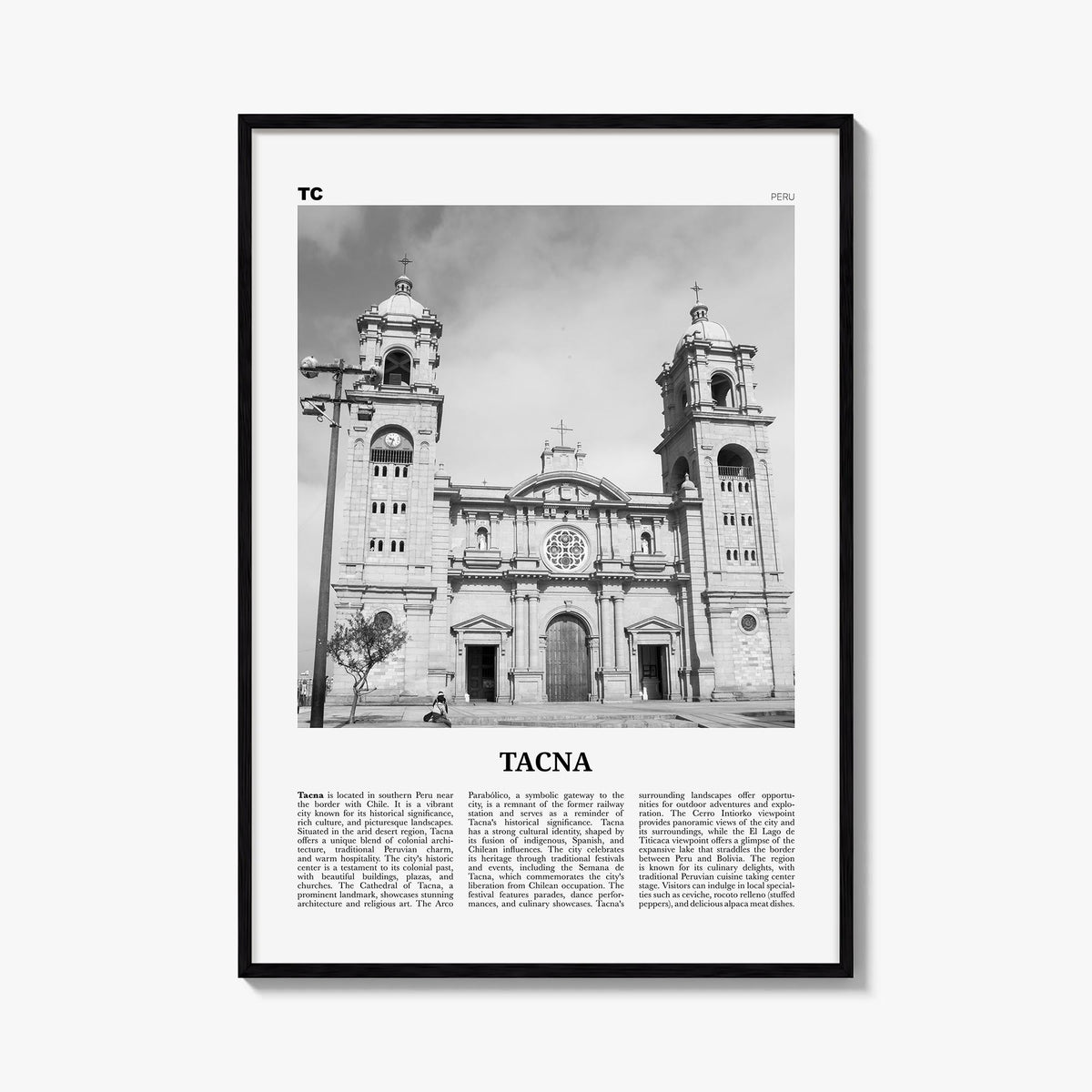 Tacna black & white newspaper poster of Peru – vertical wall art, unframed print shown in interior mockup