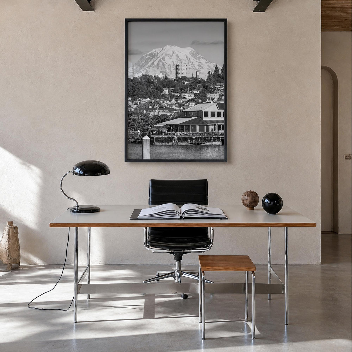 Tacoma black & white photo poster of Washington, USA – vertical wall art in black wood frame, hanging on wall