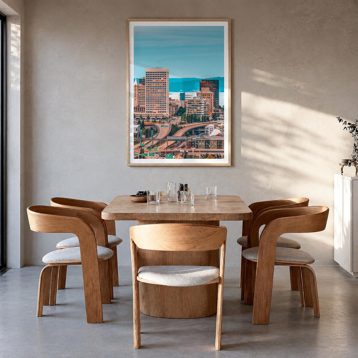 Tacoma colorful photo poster of Washington, USA – vertical wall art in natural wood frame with white border, hanging on wall