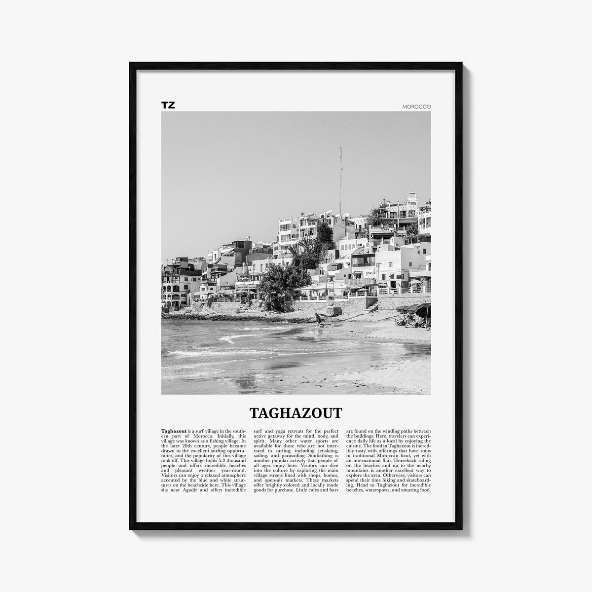 Taghazout black & white newspaper poster of Morocco – vertical wall art, unframed print shown in interior mockup