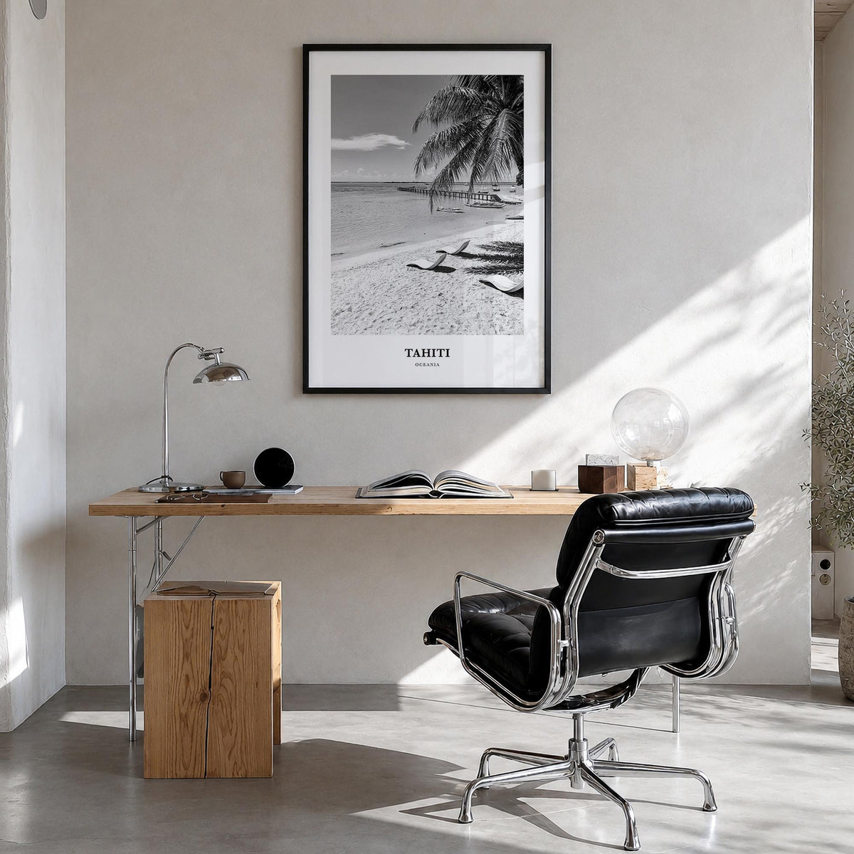 Tahiti black & white classic poster of French Polynesia – vertical wall art in black wood frame, hanging on wall