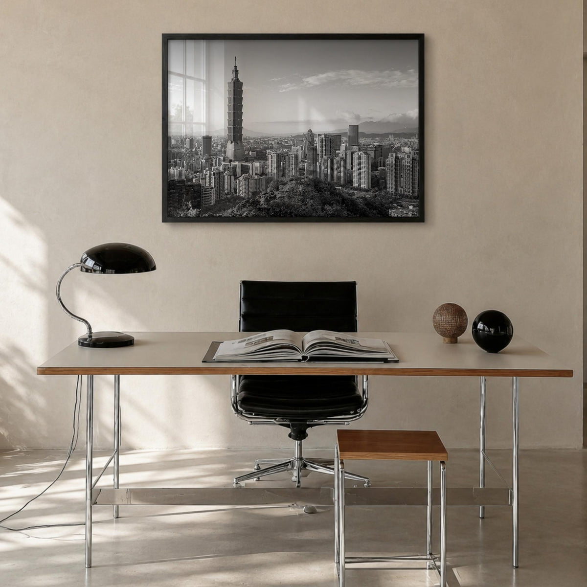 Taipei black & white photo poster of Taiwan – horizontal wall art in black wood frame, hanging on wall