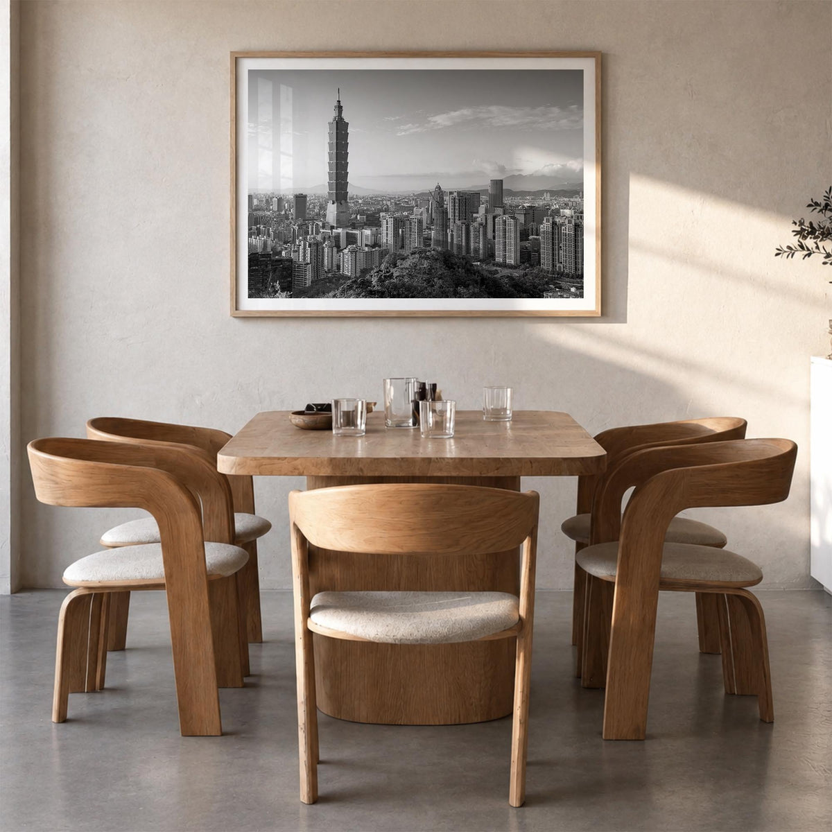 Taipei black & white photo poster of Taiwan – horizontal wall art in natural wood frame with white border, hanging on wall
