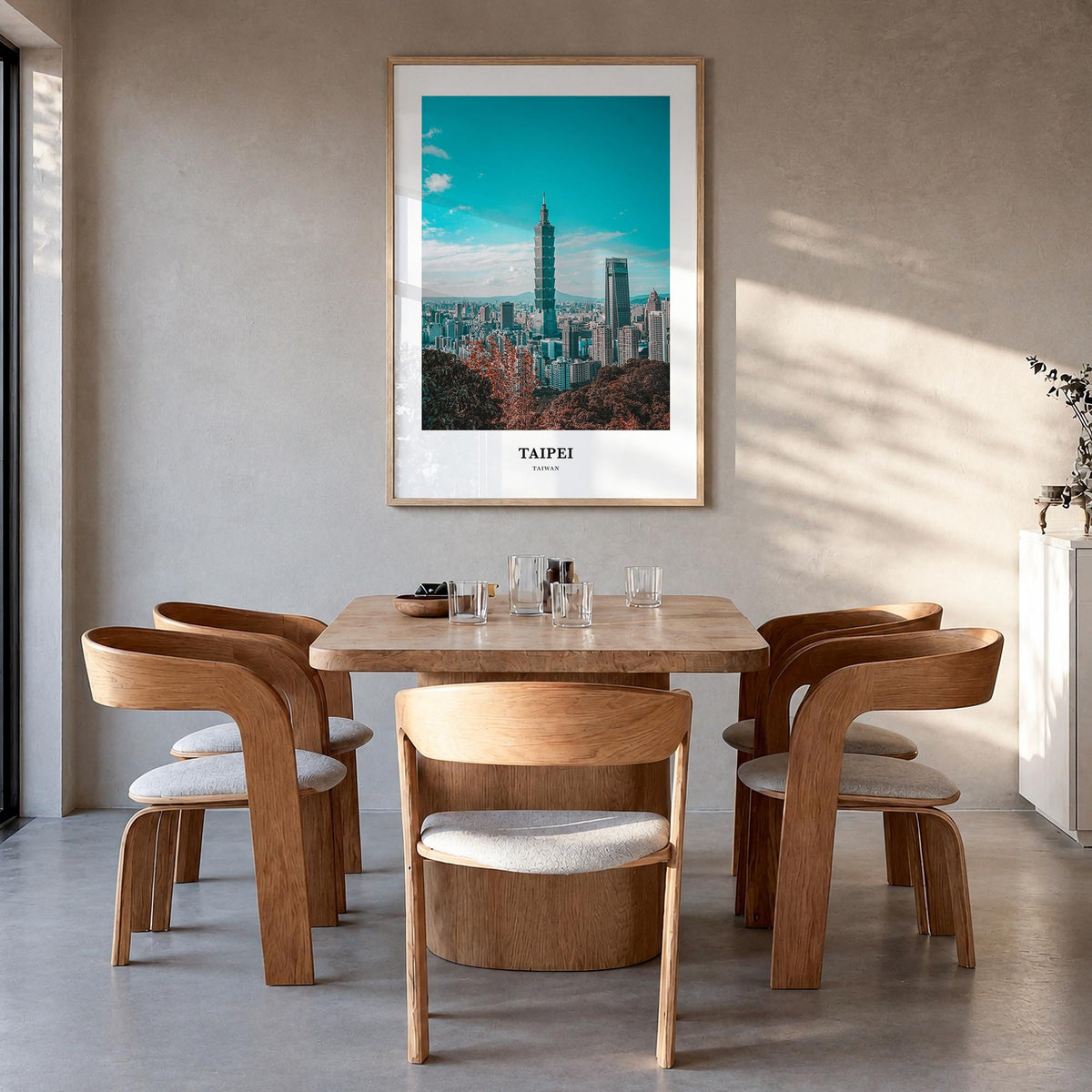 Taipei colorful classic poster of Taiwan – vertical wall art in natural wood frame, hanging on wall