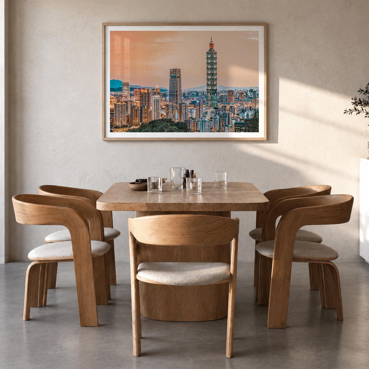 Taipei colorful photo poster of Taiwan – horizontal wall art in natural wood frame with white border, hanging on wall