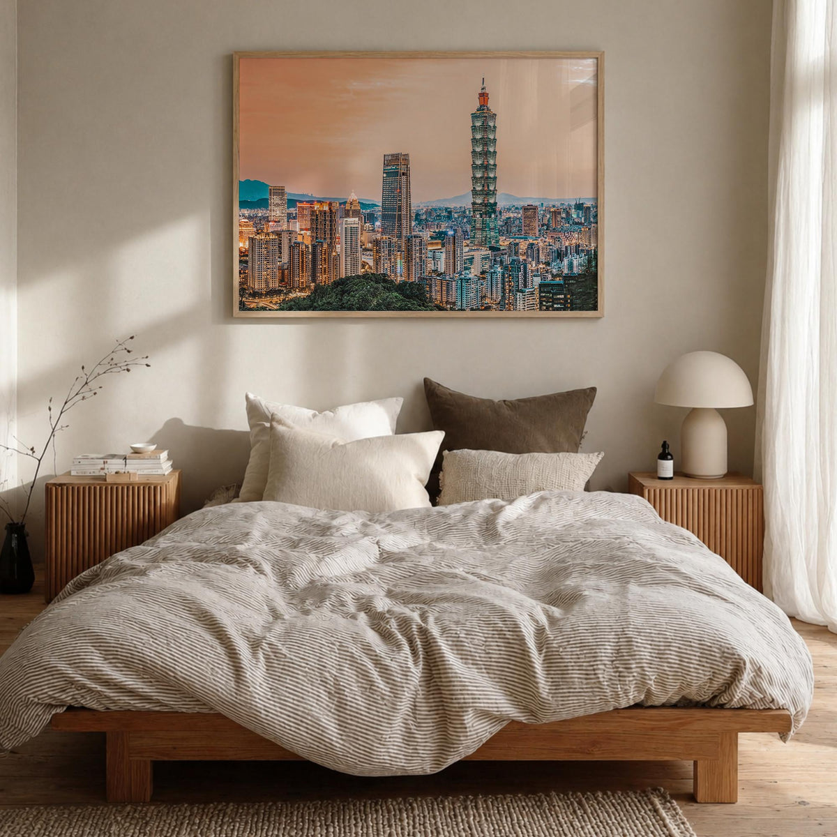 Taipei colorful photo poster of Taiwan – horizontal wall art in natural wood frame, hanging on wall