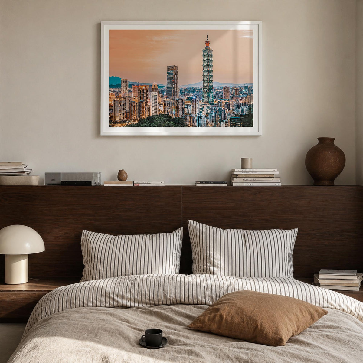 Taipei colorful photo poster of Taiwan – horizontal wall art in white wood frame with white border, hanging on wall