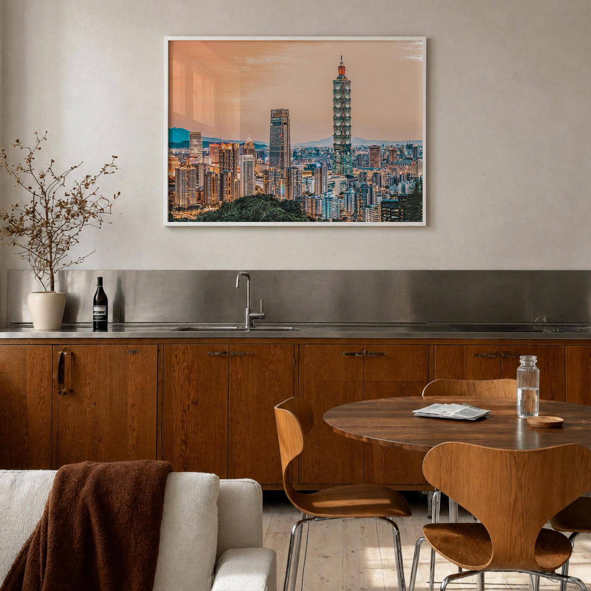 Taipei colorful photo poster of Taiwan – horizontal wall art in white wood frame, hanging on wall