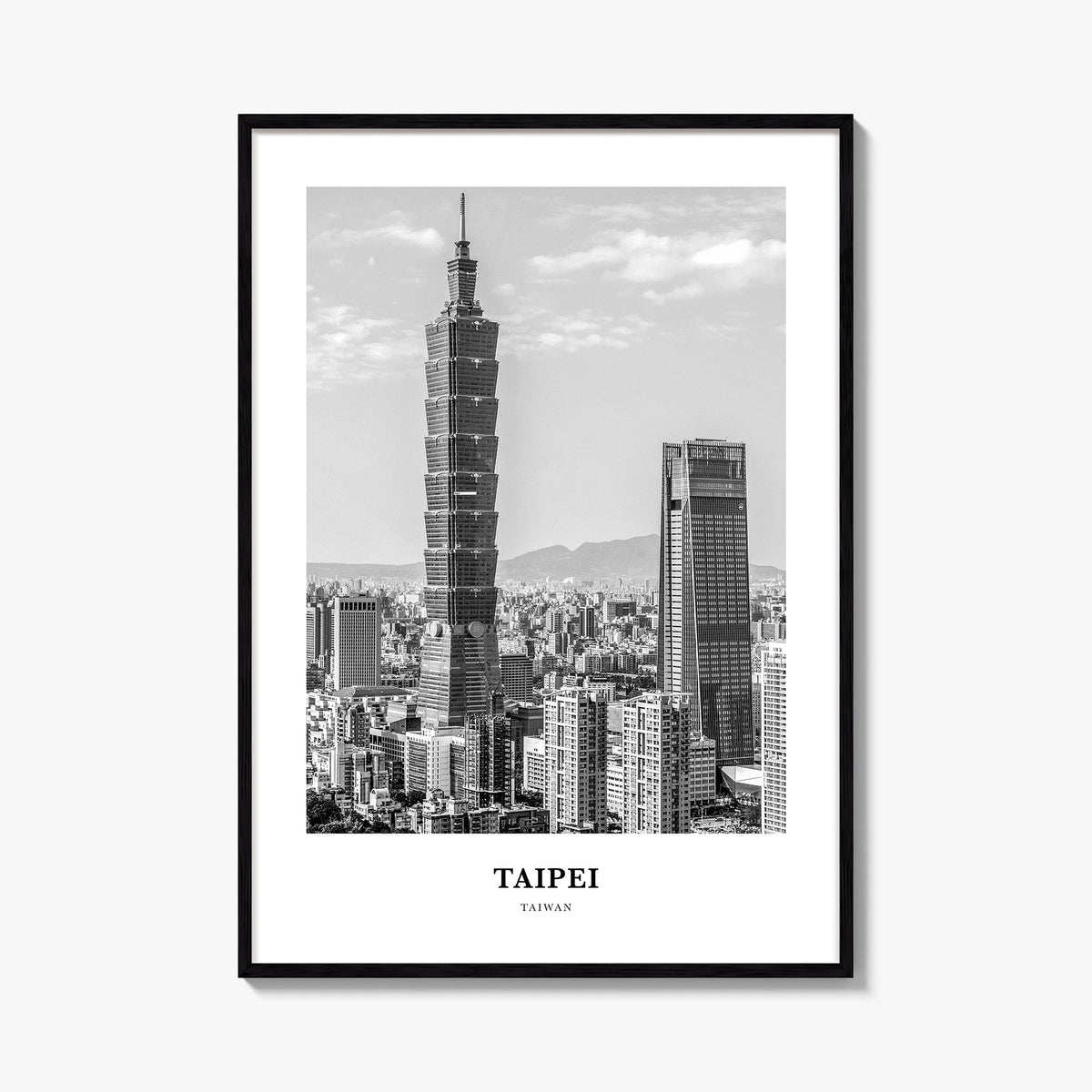Taipei no. 1 black & white classic poster of Taiwan – vertical wall art, unframed print shown in interior mockup