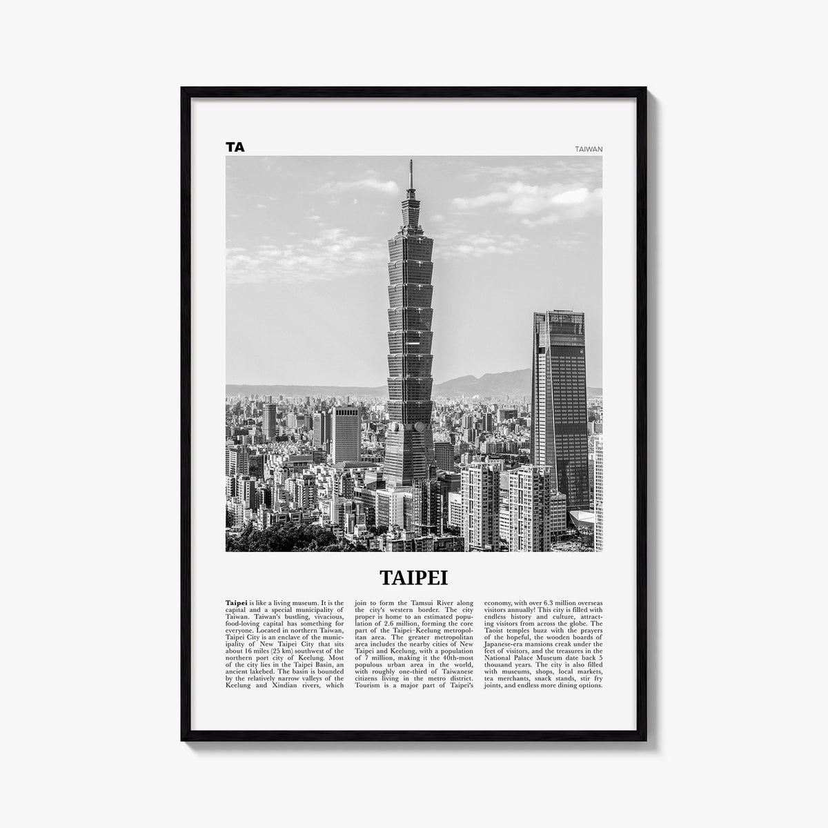 Taipei no. 1 black & white newspaper poster of Taiwan – vertical wall art, unframed print shown in interior mockup