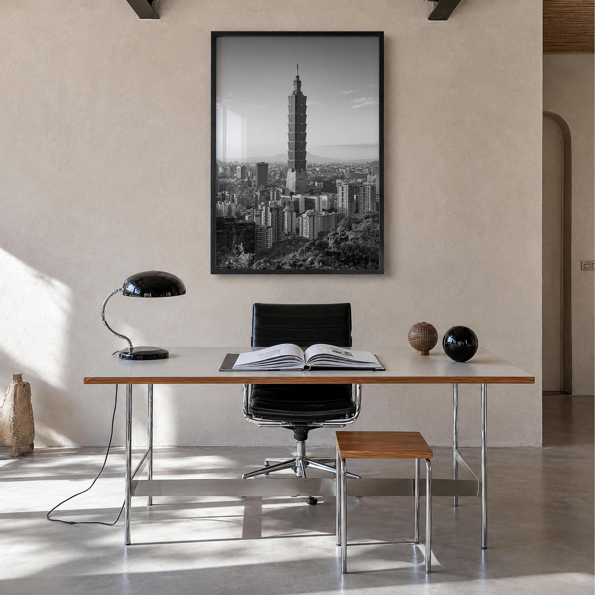 Taipei no. 1 black & white photo poster of Taiwan – vertical wall art in black wood frame, hanging on wall