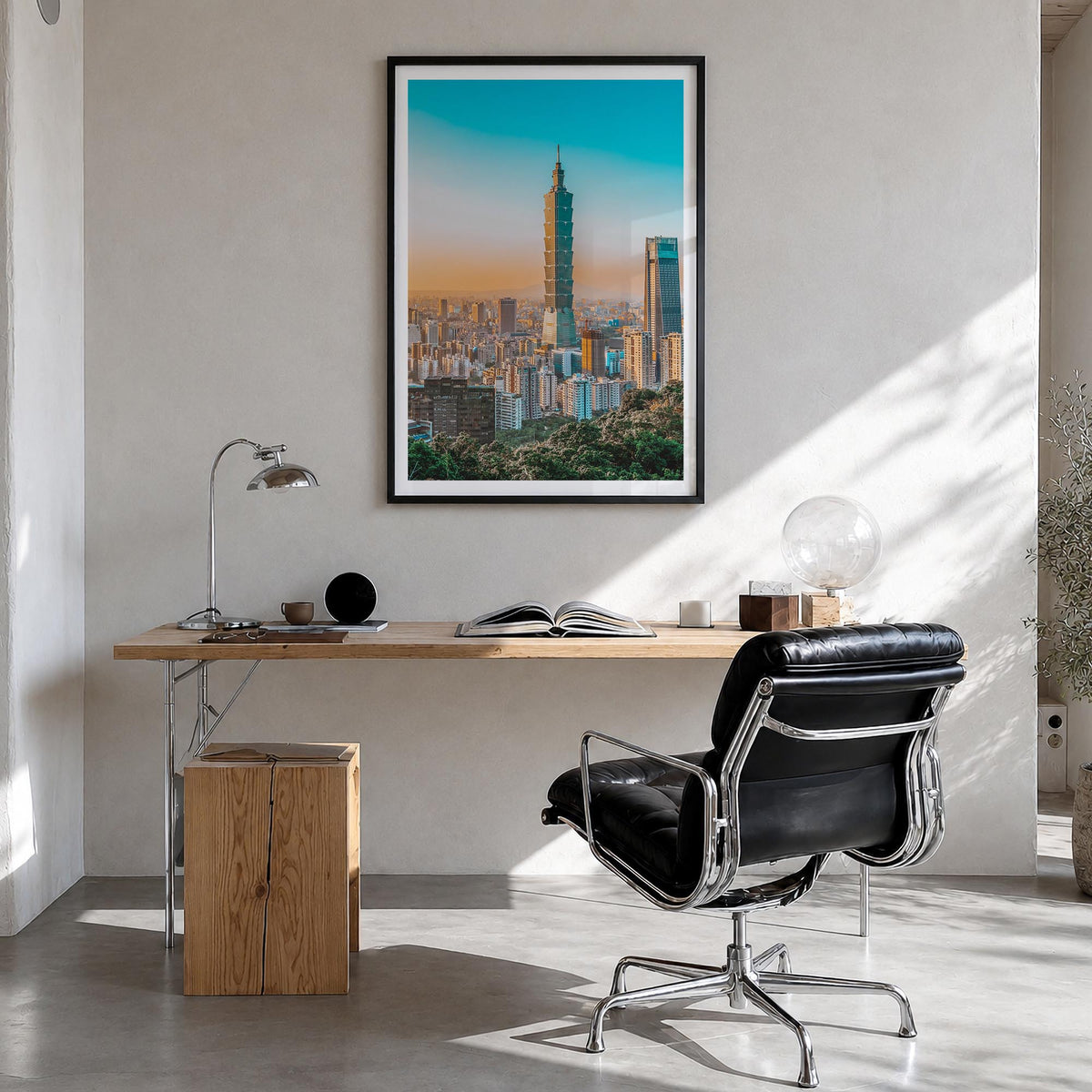 Taipei no. 1 colorful photo poster of Taiwan – vertical wall art in black wood frame with white border, hanging on wall