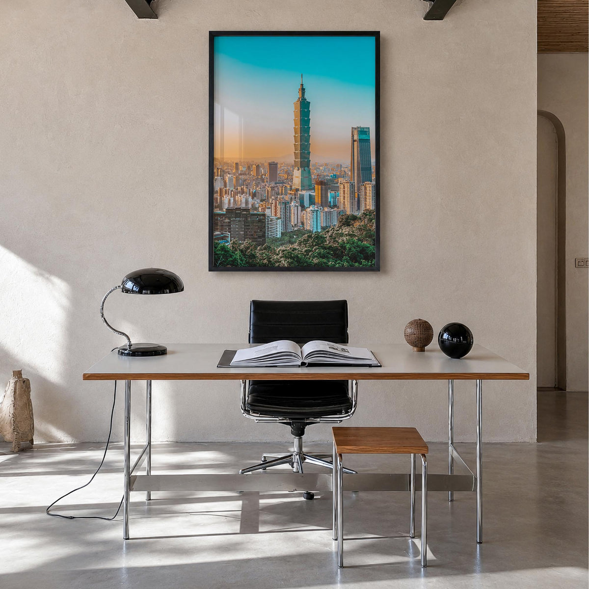 Taipei no. 1 colorful photo poster of Taiwan – vertical wall art in black wood frame, hanging on wall