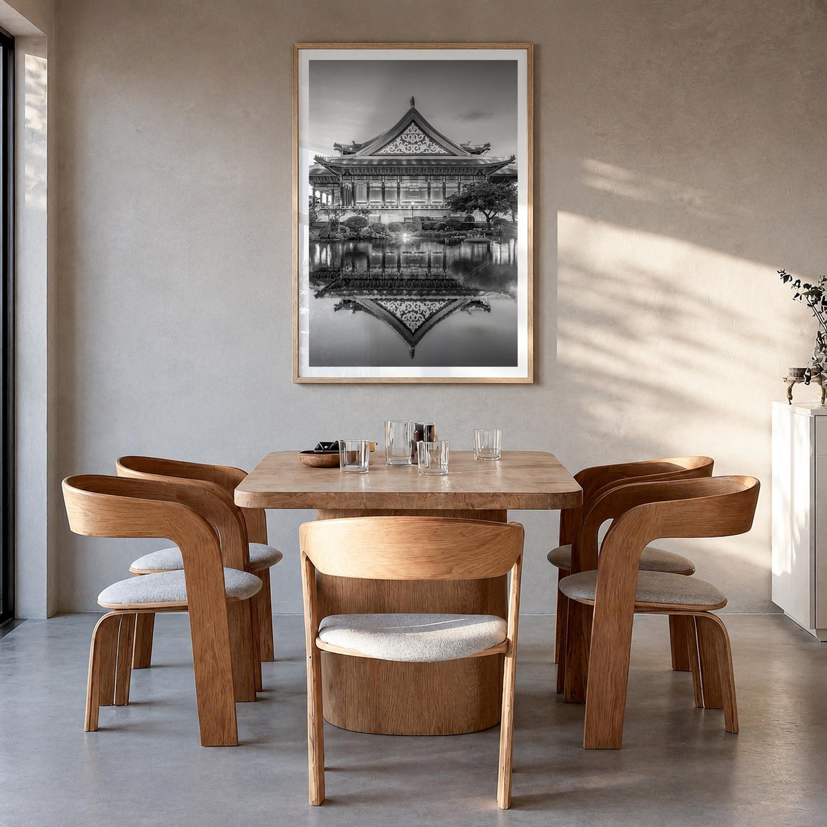 Taipei no. 2 black & white photo poster of Taiwan – vertical wall art in natural wood frame with white border, hanging on wal
