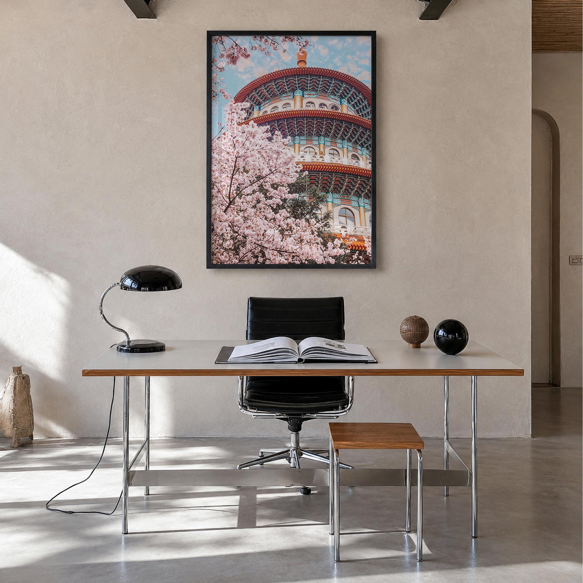 Taipei no. 2 colorful photo poster of Taiwan – vertical wall art in black wood frame, hanging on wall