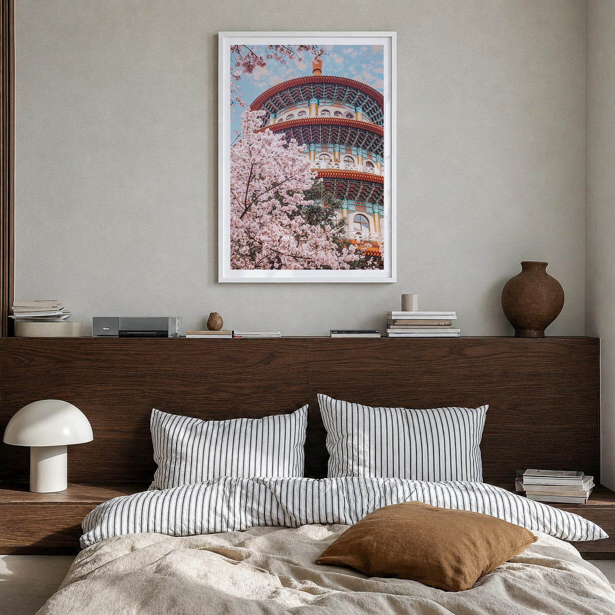 Taipei no. 2 colorful photo poster of Taiwan – vertical wall art in white wood frame with white border, hanging on wall