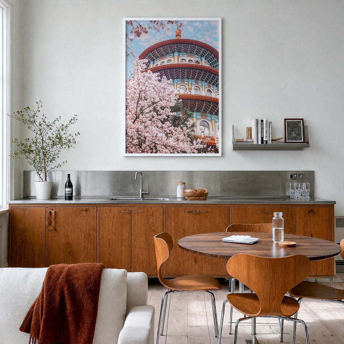 Taipei no. 2 colorful photo poster of Taiwan – vertical wall art in white wood frame, hanging on wall