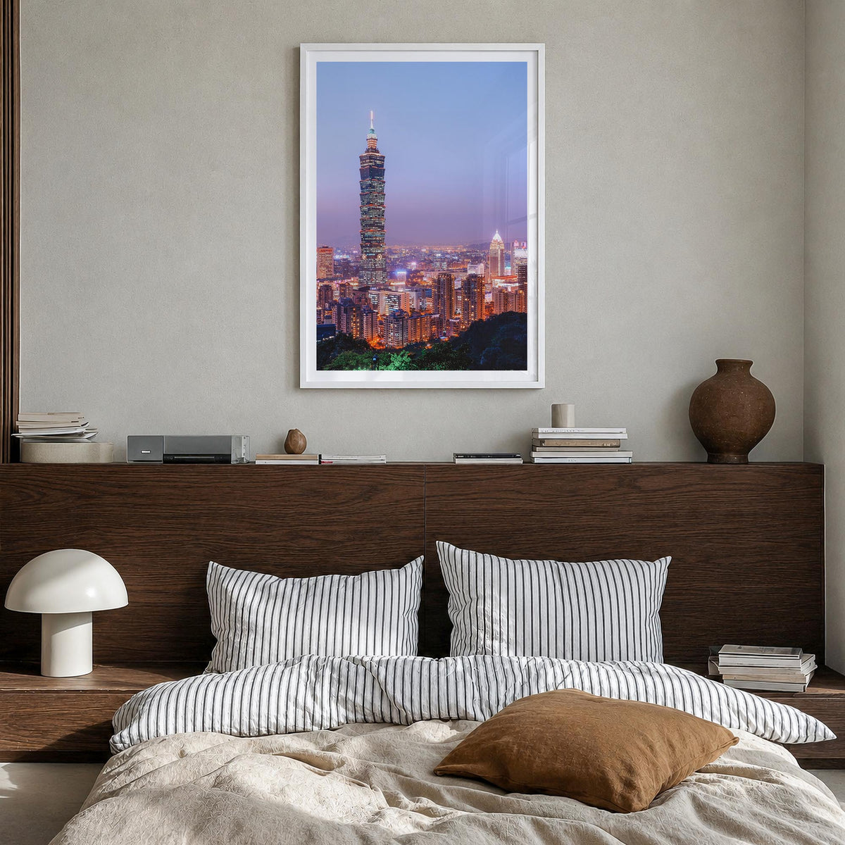 Taipei no. 3 colorful photo poster of Taiwan – vertical wall art in white wood frame with white border, hanging on wall