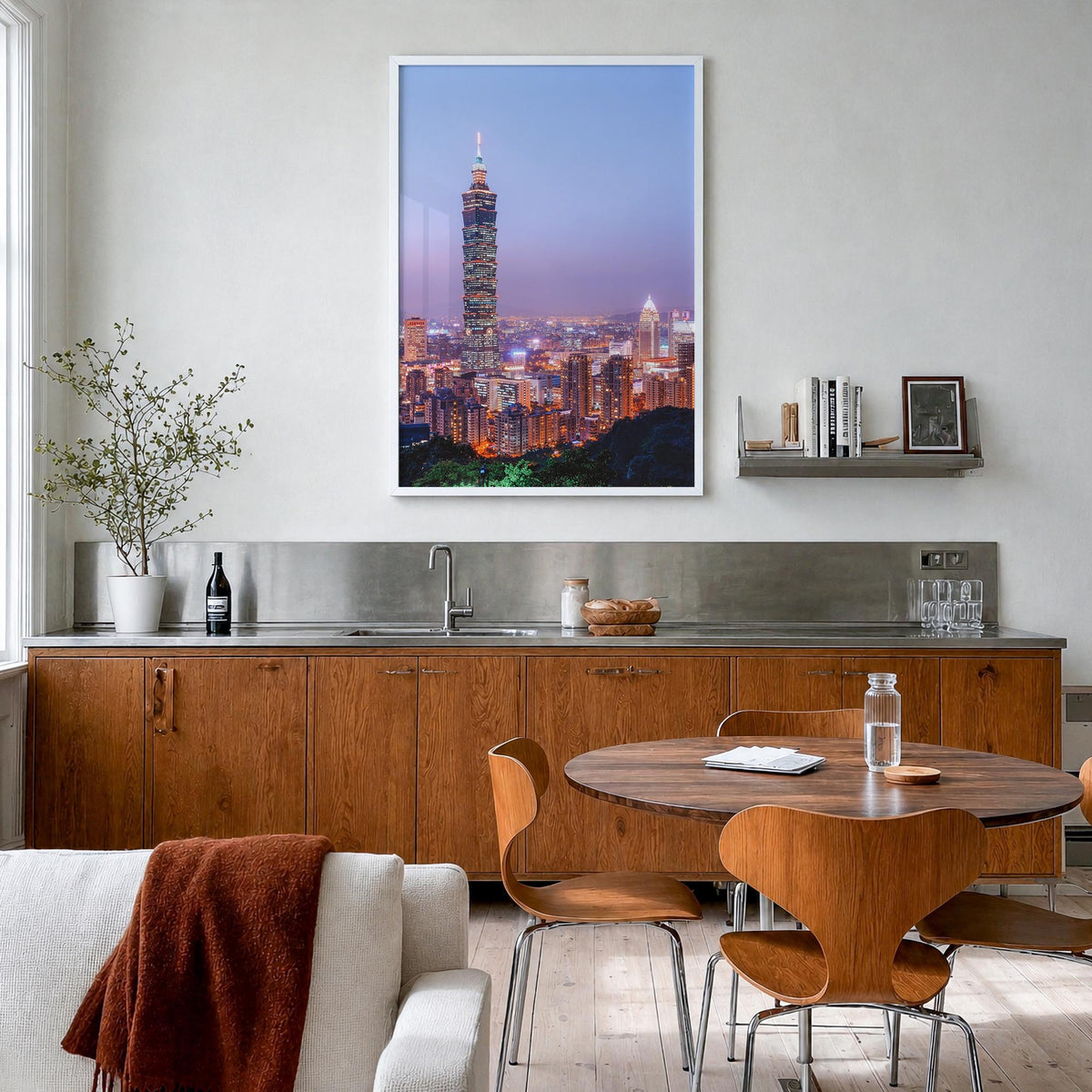 Taipei no. 3 colorful photo poster of Taiwan – vertical wall art in white wood frame, hanging on wall