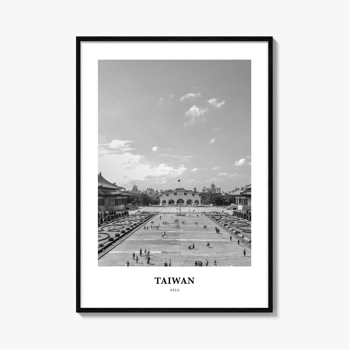 Taiwan black & white classic poster of Asia – vertical wall art, unframed print shown in interior mockup