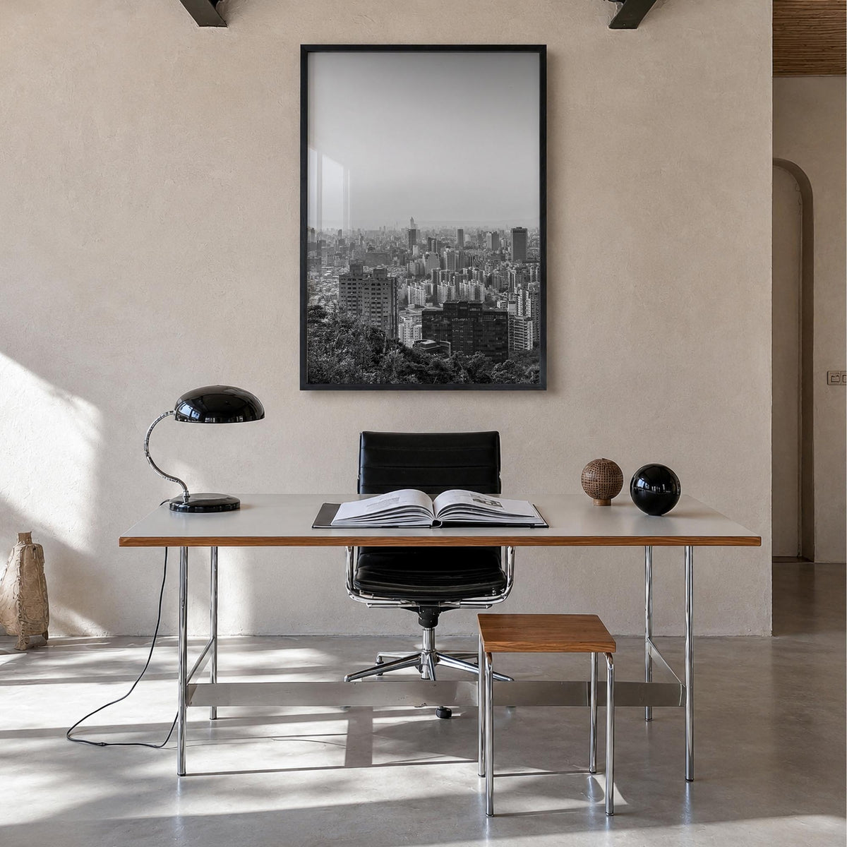 Taiwan black & white photo poster of Asia – vertical wall art in black wood frame, hanging on wall